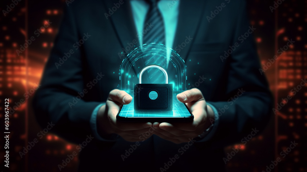 Poster cybersecurity and privacy concepts to protect data. lock icon and internet network security technolo