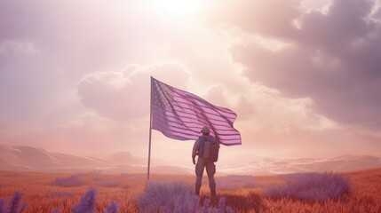 Illustration for Independence Day of the United States, July 4th - Soldier with American flag under a beautiful sun. Generative AI