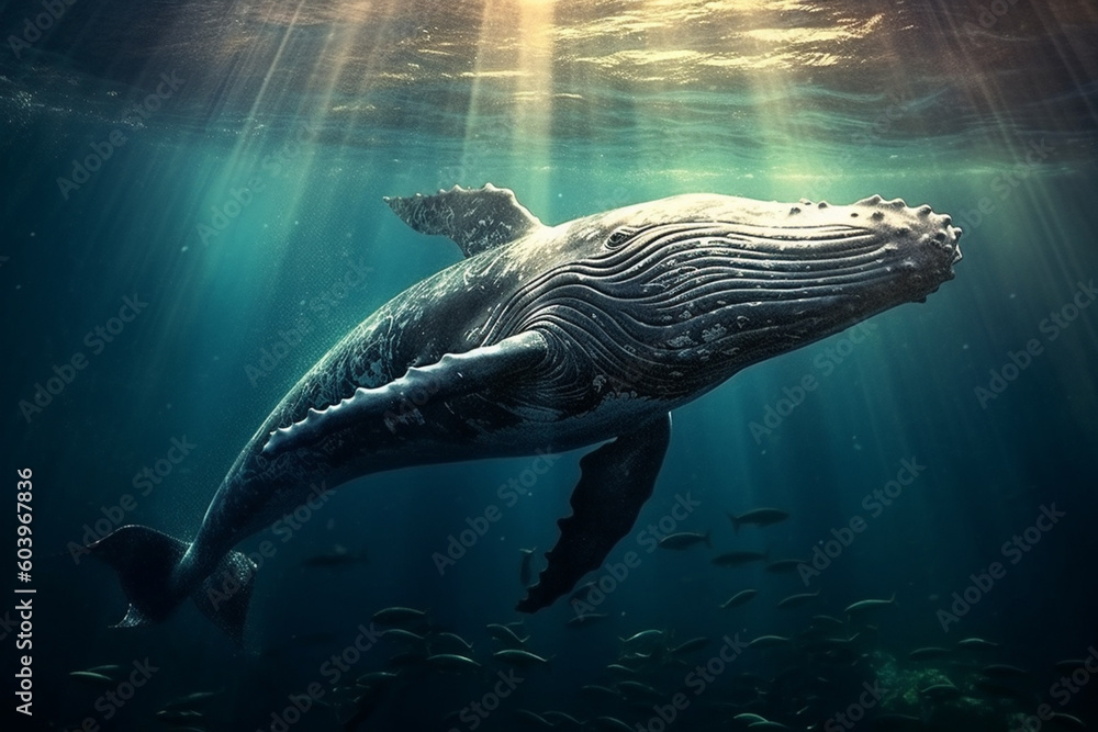 Poster a breathtaking paper-cut artwork of a majestic whale swimming in the ocean, with its enormous size a