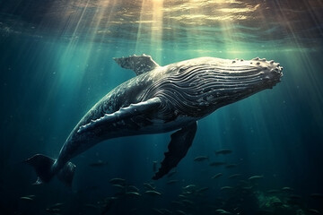 A breathtaking paper-cut artwork of a majestic whale swimming in the ocean, with its enormous size and intricate details creating a sense of awe and wonder.  Generative AI technology.