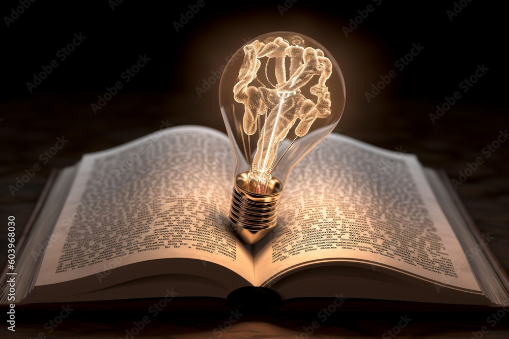 Aufkleber An intricate paper-cut scene of a lightbulb emerging from the pages of an open book, symbolizing the connection between knowledge, ideas, and intellectual illumination.  Generative AI technology.