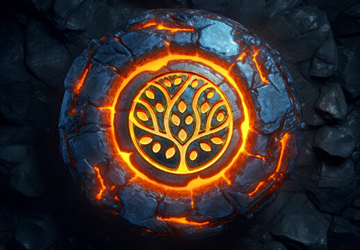 Glowing Logo Mockup Carved In a Dark Burning Pedestral Stone. Generative Ai