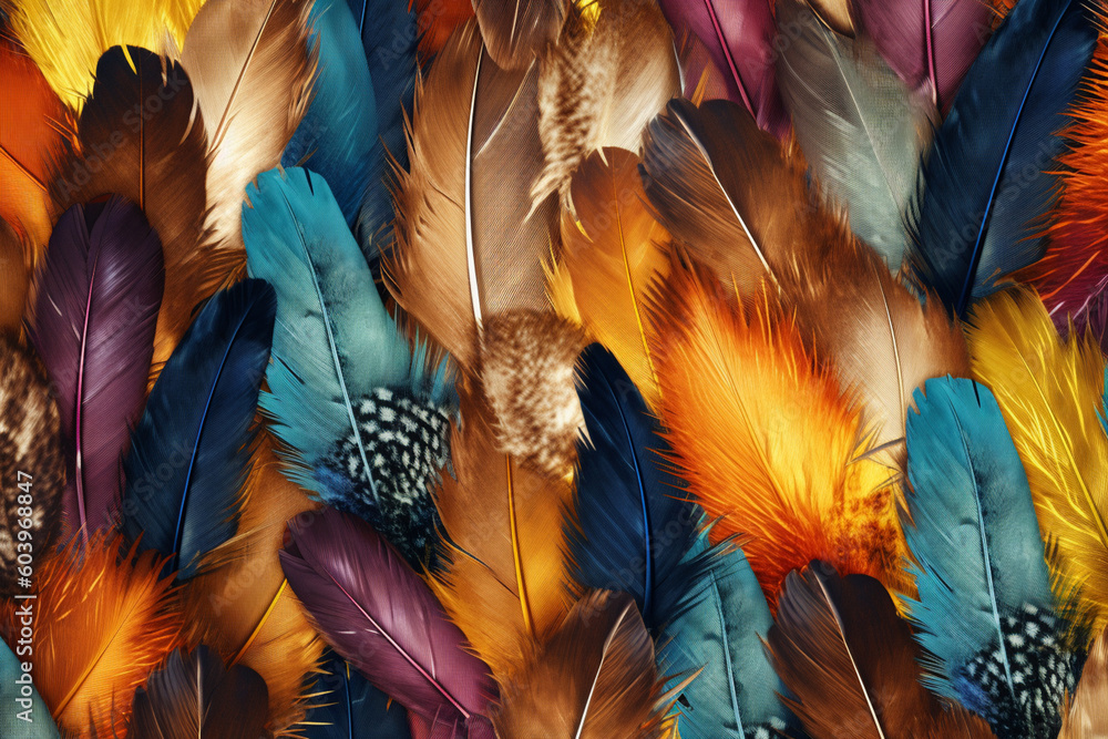 Aufkleber A collage-style feather background pattern texture, with feathers of various species and sizes overlapping and layered to create a visually rich and textured composition. Generative AI technology.