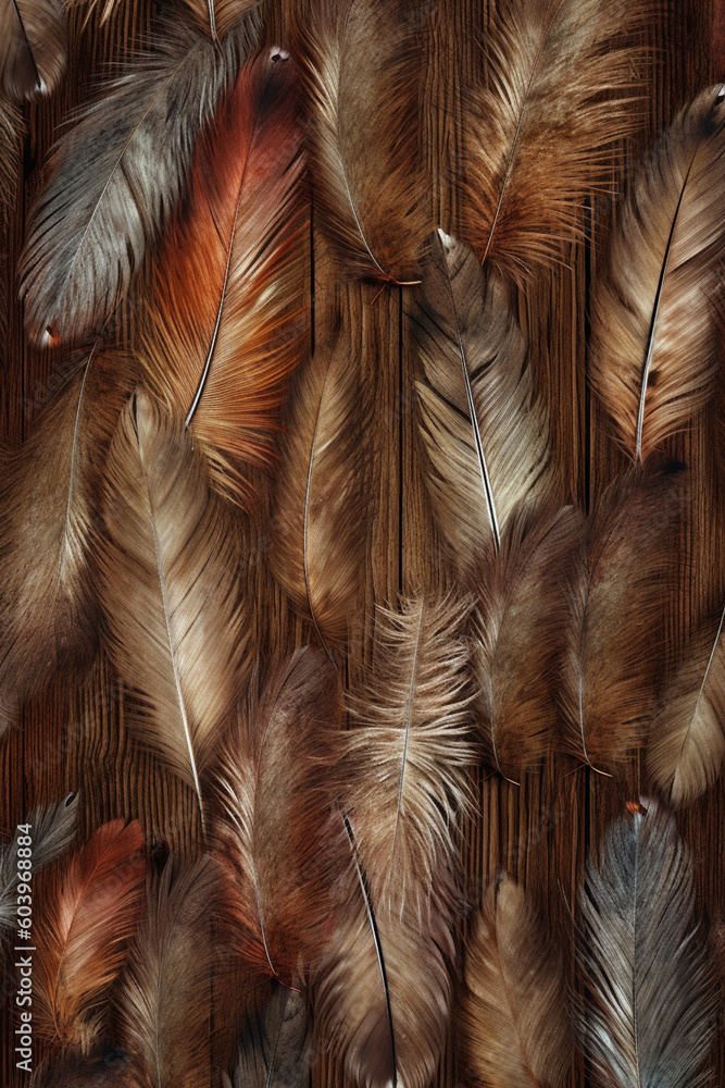 Poster a rustic-inspired feather background pattern texture, with feathers arranged on a textured wooden su