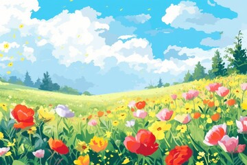 Fototapeta premium Meadow with flowers at spring time. Beautiful illustration picture. Generative AI