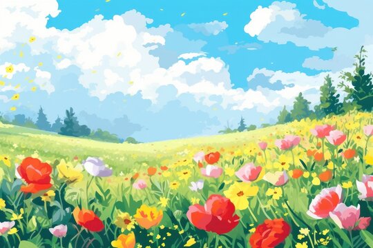 Meadow with flowers at spring time. Beautiful illustration picture. Generative AI
