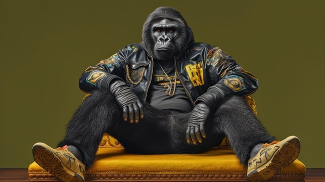 Fashion shoot of gorilla that is in stylish clothes. Beautiful illustration picture. Generative AI
