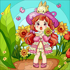 Illustration of a cute girl with flowers