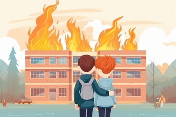 Two little kids that are watching school building burns. Beautiful illustration picture. Generative AI