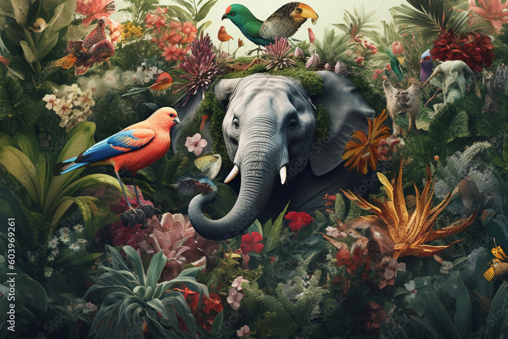 Poster a collage of various endangered animals and plants, highlighting the importance of biodiversity and 
