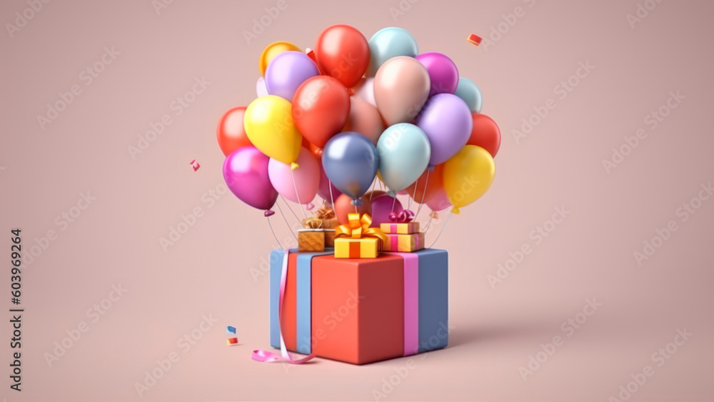 Aufkleber gift box with colorful balloons and confetti. 3d rendering generative ai