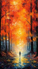 Lone man is walking in autumn park. Painting of magical scenic view. Beautiful illustration picture. Generative AI