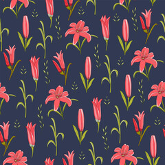 Seamless texture with pink lilies. Hand-drawn flowers pattern. Can be used for cute wallpapers.