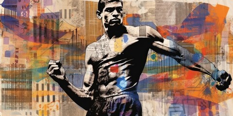 Strong sportive muscular boxer. Contemporary art collage. Beautiful illustration picture. Generative AI