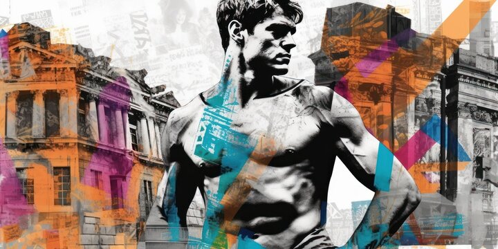 Muscular bodybuilder. Contemporary art collage. Beautiful illustration picture. Generative AI