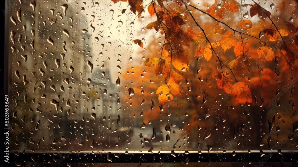 Aufkleber rain drops on the window with autumn leaves and cityscape in background generative ai