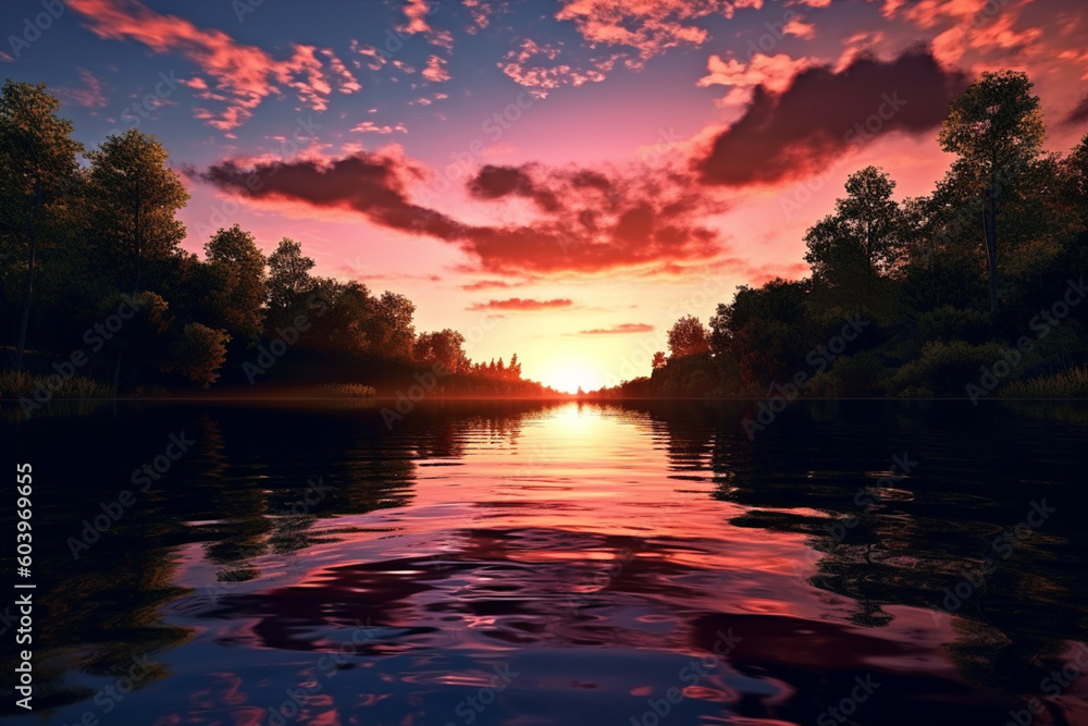 Fototapete a colorful sunset reflected on the calm surface of a river, creating a dreamy and romantic atmospher