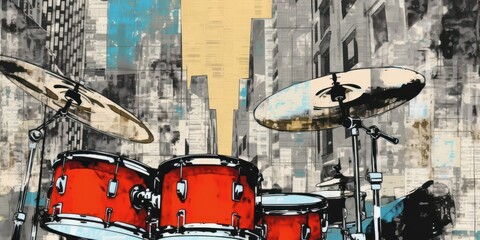 Fototapeta na wymiar Image of drum kit. Contemporary art collage. Beautiful illustration picture. Generative AI