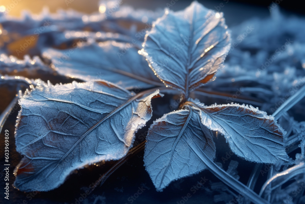 Poster frost-covered leaves, capturing the intricate and delicate patterns formed by freezing temperatures. Generative AI technology.