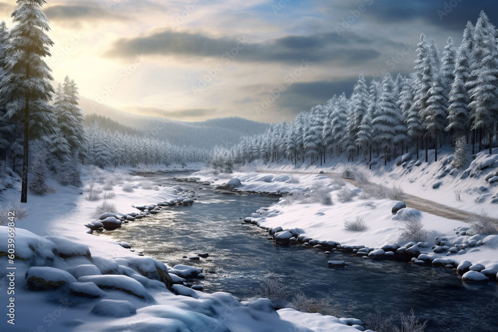 Poster a frozen river winding its way through a snowy landscape, portraying the stillness and tranquility o