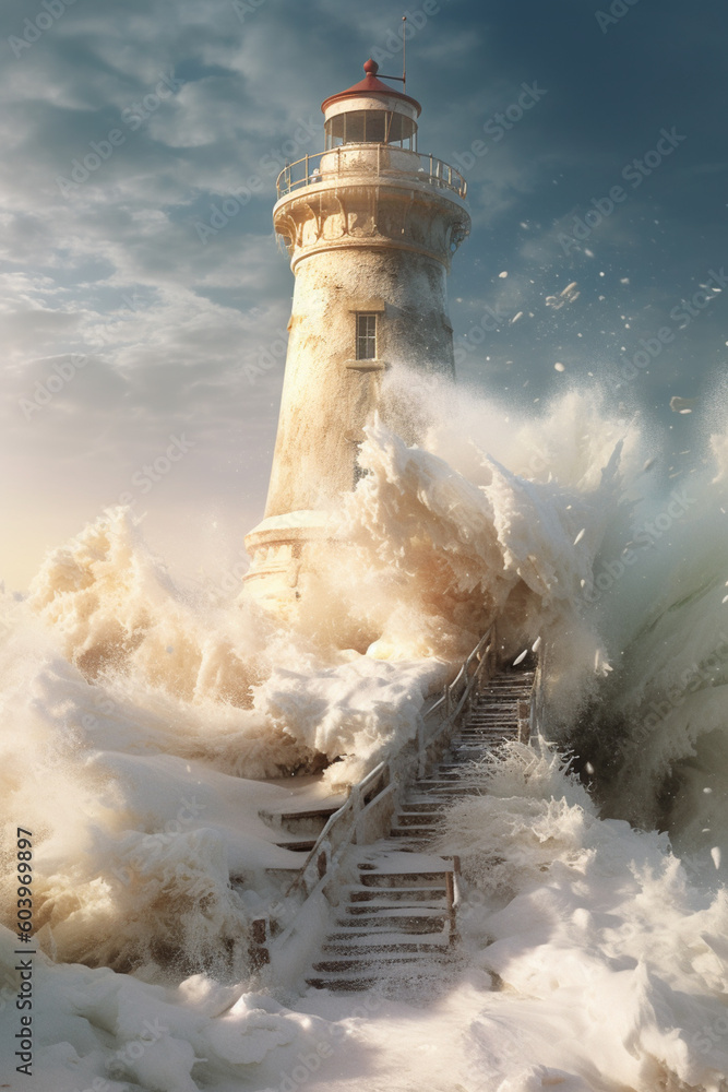 Poster  a frozen lighthouse standing strong amidst crashing waves, representing resilience and endurance in the face of harsh winter conditions.  Generative AI technology.