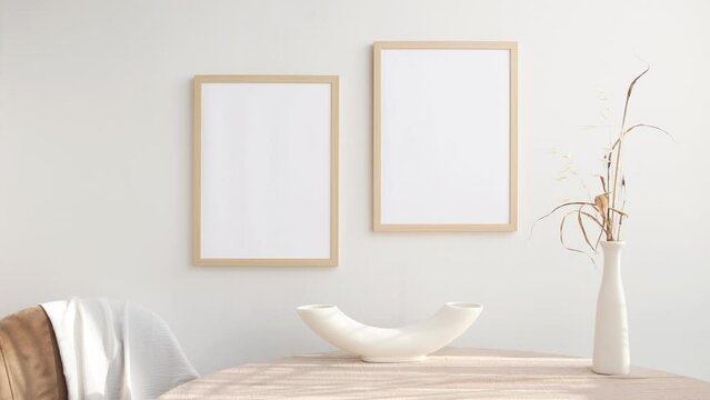 Video 3x4  photo frame mockup on white wall with white vase
