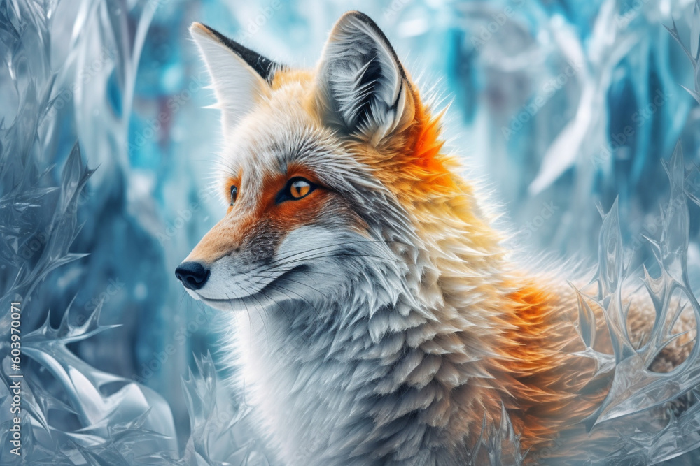 Poster n abstract representation of a frozen fox, with its fur adorned in icy patterns, generative ai techn