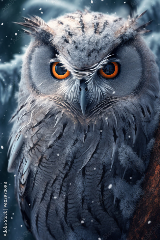 Poster A close-up image of a frozen owl perched on a tree branch, with its piercing eyes and intricate feather patterns captivating the viewer. Generative AI technology.
