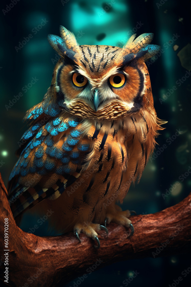 Poster a wise old owl perched on a branch, with its piercing eyes and intricate feather patterns representing wisdom and intuition.  Generative AI technology.