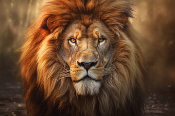 Fototapeta na wymiar An artistic illustration of a wise and regal-looking lion, with a majestic mane and piercing gaze, representing strength and leadership. Generative AI technology.