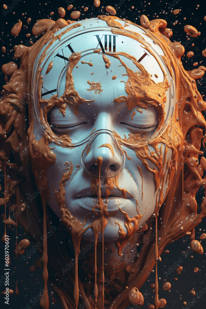 Aufkleber A surreal portrait of a person with a melting clock as their face, symbolizing the distortion of time and the fleeting nature of existence. Generative AI technology.