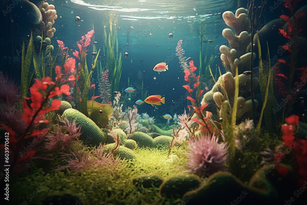 Poster A surreal underwater scene with floating fish and plants, creating a serene and otherworldly ambiance.  Generative AI technology.