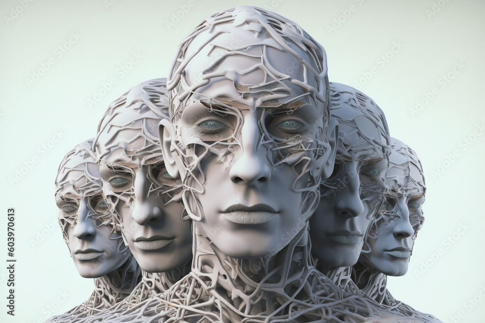 Leinwandbilder A surreal depiction of a person with multiple faces or body parts, symbolizing the complexity and multifaceted nature of human identity Generative AI technology.