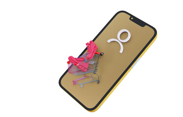 Mobile with 3D cartoon animation illustration transparent rendering with the theme of selling online ,selling clothes, shoes, pants and other clothes