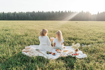 Mother and daughter on picnic in field.