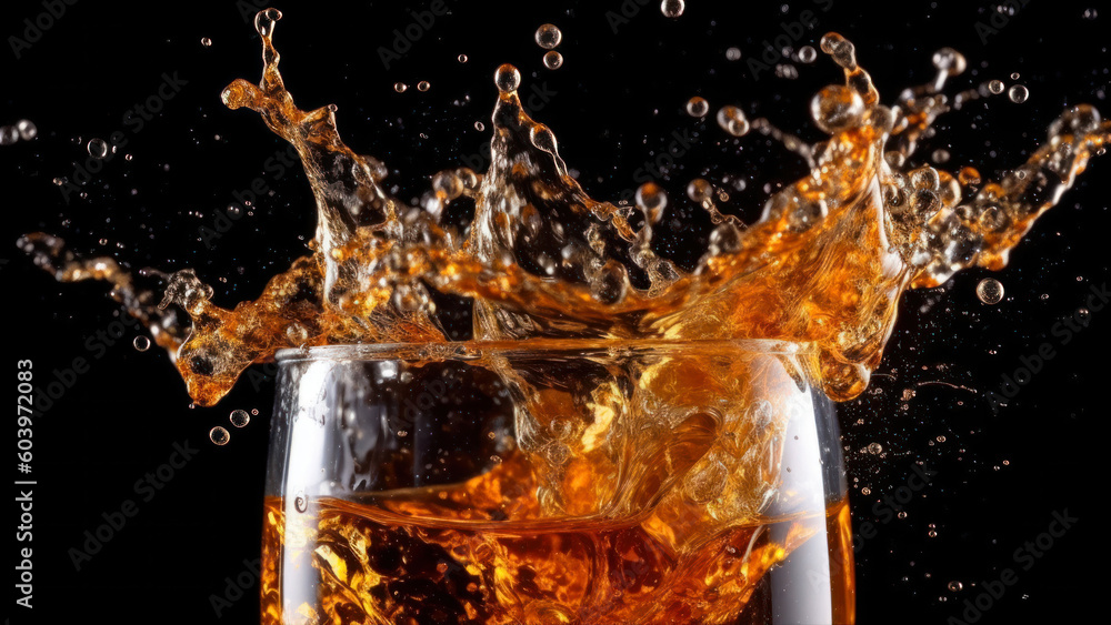 Poster ice cola with splashing co bubbles. drink with ice, closeup, fizzing, fizz. macro black background g