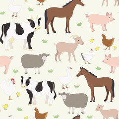 Cartoon farm animals pattern, cow, pig, horse, sheep. goat, chicken, goose, poultry, flat style set with domestic animals. Vector background for kids