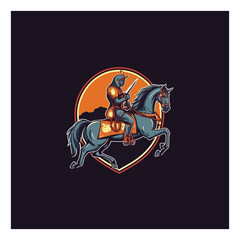 Knight on horse logo. Horseman with sword .Medieval armored swordsman on horseback .