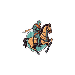 Knight on horse logo. Horseman with sword .Medieval armored swordsman on horseback .