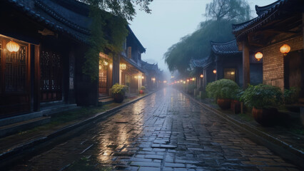 Night view of a street in the old town of Shanghai, China generative ai