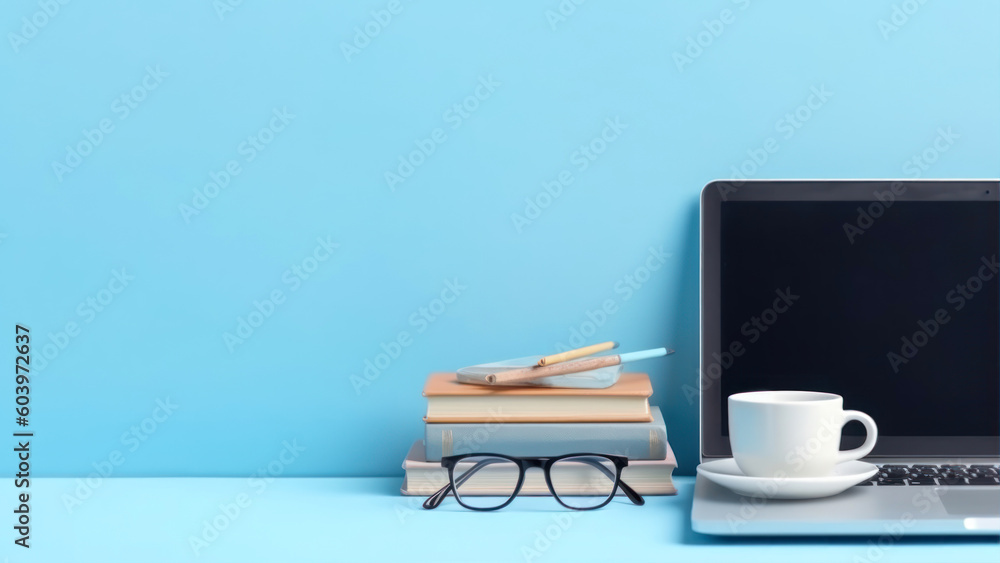 Poster laptop computer with stack of books, coffee cup and eyeglasses on blue background generative ai
