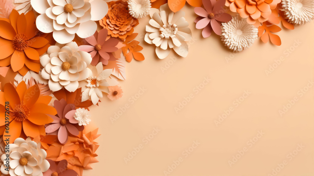 Poster paper flowers on orange background with copy space. flat lay style. generative ai