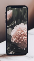 Generative AI. Phone mockup with flower wallpaper

