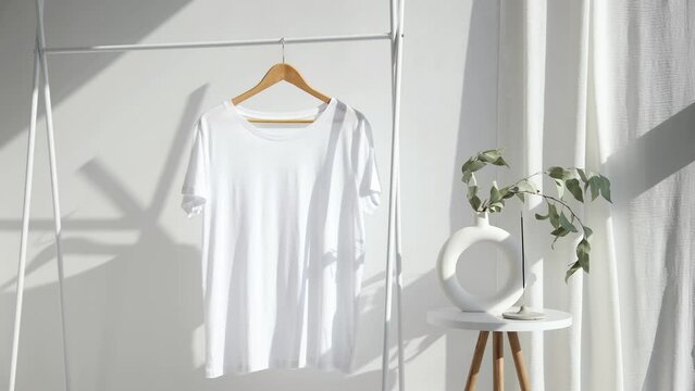 Video mockup of white t-shirt on hanger