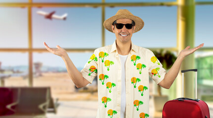 Latin man on vacation wearing floral shirt hat sunglasses at airport clueless and confused...