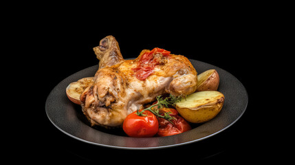 Grilled Chicken legs In dish with vegetables served on the table. Still life, space for textю Generative AI