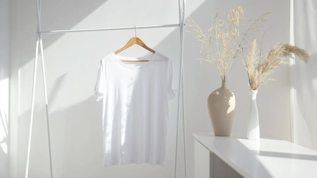 Video mockup of white t-shirt on hanger