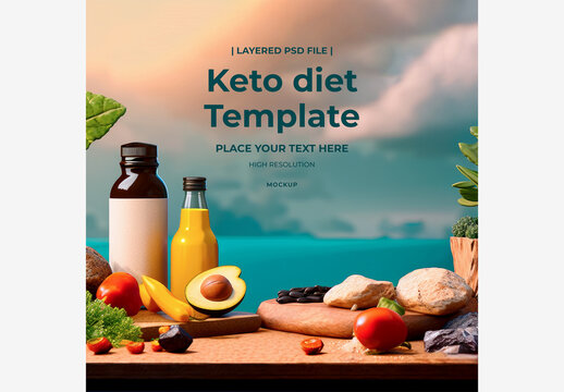 Fresh and Colorful Fruit and Vegetable Table Setting with Juice, Banana, Plant, and More with Glass and Rock - Stock Photo Keto Diet, Mockup, Template Generative AI