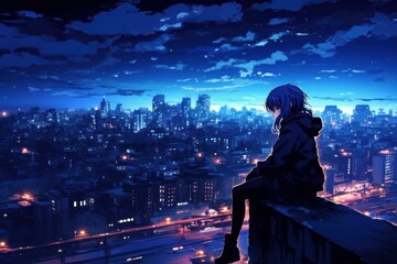 Cute little girl is sitting and looking at city. Nightcore style. Beautiful illustration picture. Generative AI