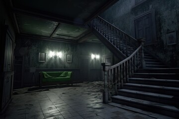 Creepy interior of asylum at night. Beautiful illustration picture. Generative AI